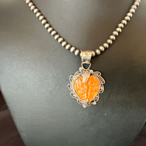 Navajo Orange Spiny Oyster Heart Pendant Necklace | Sterling Silver | Authentic Native American Handmade | 16297