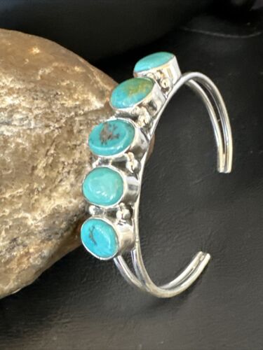 Women's Blue Turquoise 5-Stone Cuff Bracelet | Navajo Sterling Silver | Authentic Native American Jewelry | 16278
