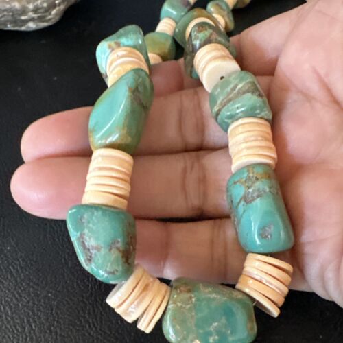 Santo Domingo Green Nugget Turquoise Necklace | Sterling Silver | 30" | Authentic Native American Handmade | 15291