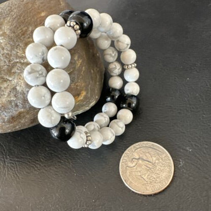 Memory Wire Stainless Steel Howlite Onyx Bead Bracelet 17617
