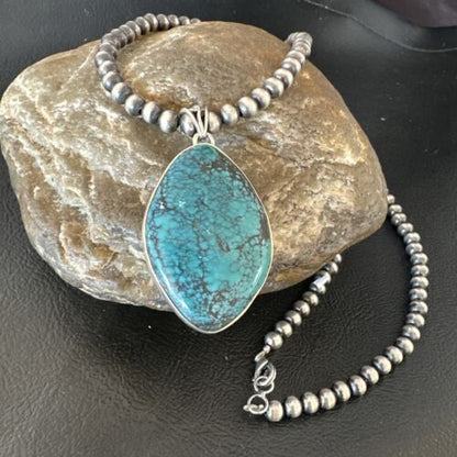 Men's Navajo Blue Spiderweb Turquoise Pendant Necklace | Sterling Silver | Authentic Native American Handmade | 16271