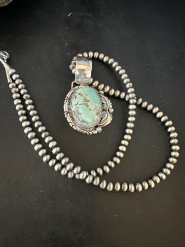 Navajo Blue Golden Hills Turquoise Pendant Necklace | Sterling Silver Pearls | Authentic Native American Handmade | 14997