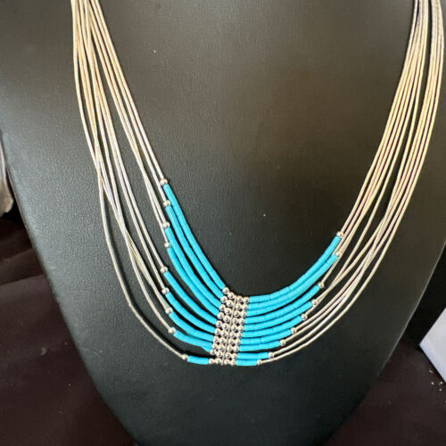 Navajo Blue Turquoise Necklace | 10-Strand | Sterling Liquid Silver Tube Heishi | 22" | 16449