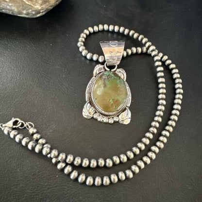 Men's Navajo Green Turquoise Pendant Necklace | Sterling Silver | Authentic Native American Handmade | 17527