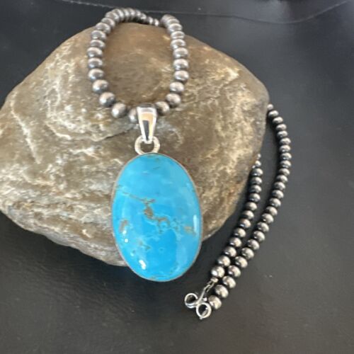 Navajo Blue Kingman Turquoise Pendant Necklace | Sterling Silver | 20" | Authentic Native American Handmade | 16687