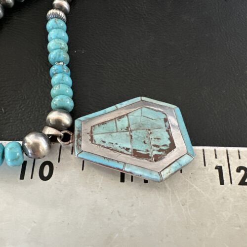 Navajo Turquoise Inlay Pendant Necklace | Sterling Silver | Authentic Native American Handmade | 17078