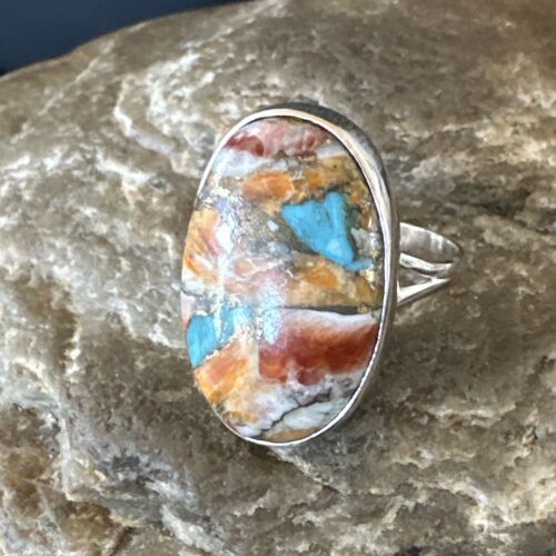 Navajo Turquoise Spiny Oyster Ring | Sterling Silver | Sz 8 | Authentic Native American Handmade | 16613
