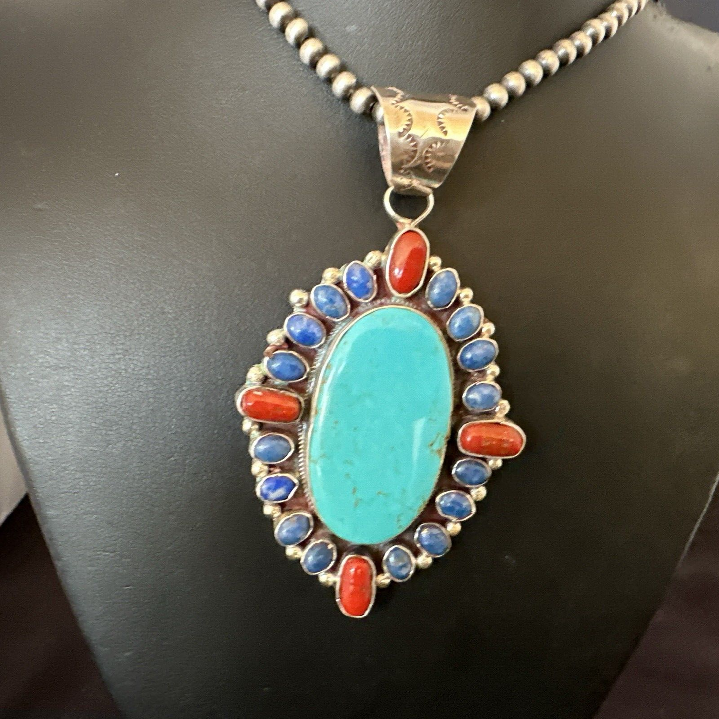 Navajo Blue Kingman Turquoise Coral Lapis Pendant Necklace | Sterling Silver | 17150