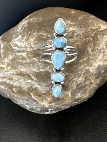 Navajo Blue Larimar Cluster Ring | Authentic Native American Sterling Silver | Multi-Stone | Sz 8 | 16157