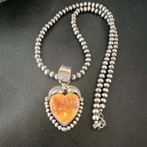 Navajo Orange Spiny Oyster Heart Pendant Necklace | Sterling Silver | Authentic Native American Handmade | 16551