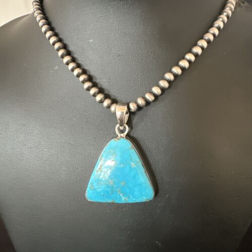 Blue Kingman Turquoise Pendant | Navajo Pearls | Sterling Silver Necklace 20" | 17009
