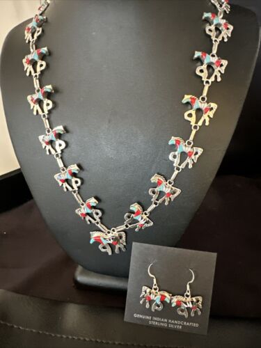 Navajo Turquoise Coral Mother of Pearl Horse Inlay Necklace & Earrings Set | Sterling Silver | Authentic Native American Handmade