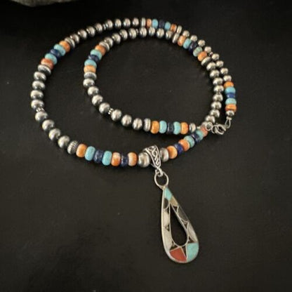 Navajo Spiny Oyster Turquoise Lapis Inlay Pendant Necklace | Sterling Silver | 21" | 16769
