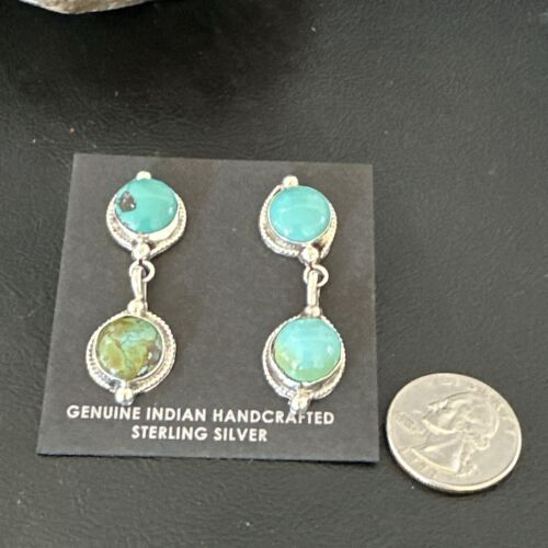 Navajo Blue Green Turquoise Dangle Earrings | Sterling Silver | 1.5" | Authentic Native American Handmade | 17387