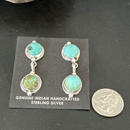 Navajo Blue Green Turquoise Dangle Earrings | Sterling Silver | 1.5" | Authentic Native American Handmade | 17387