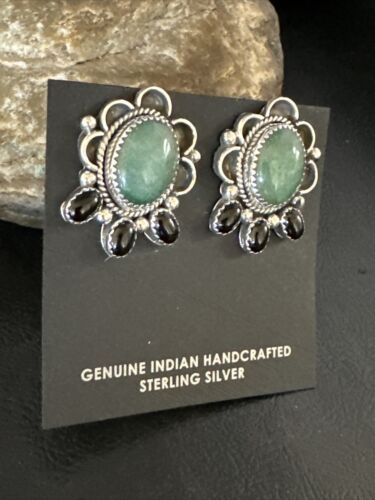 Navajo Black Onyx Green Jade Earrings | Sterling Silver | 1" | Authentic Native American Handmade | 15333