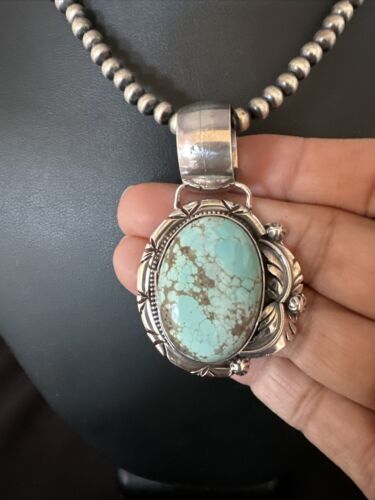 Navajo Blue Golden Hills Turquoise Pendant Necklace | Sterling Silver Pearls | Authentic Native American Handmade | 14997