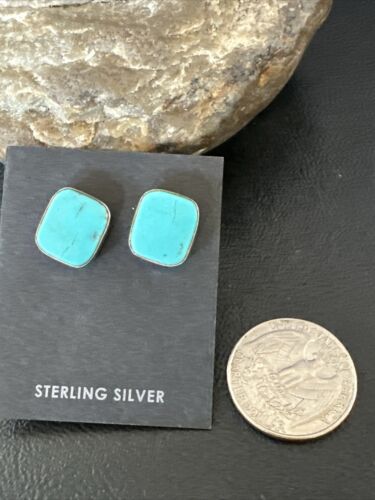 Navajo Blue Kingman Turquoise Post Stud Earrings | Sterling Silver | Authentic Native American Handmade | 17481