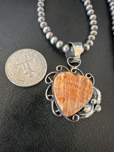 Navajo Orange Spiny Oyster Heart Pendant Necklace | Sterling Silver | Authentic Native American Handmade | 16420