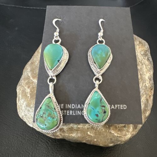 Navajo Green Royston Turquoise Dangle Earrings | Sterling Silver | Authentic Native American Handmade | 16494