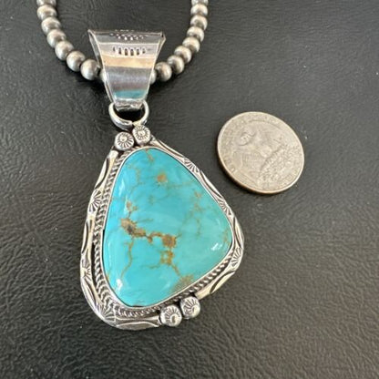 Navajo Blue Kingman Turquoise Necklace Pendant | Sterling Silver | Authentic Native American Handmade | 17476