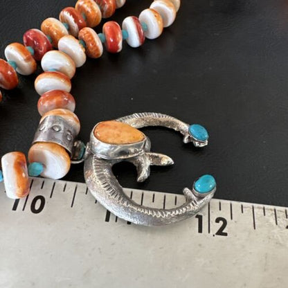 Navajo Blue Turquoise Spiny Oyster Naja Pendant Necklace | Sterling Silver | Authentic Native American Handmade | 16262