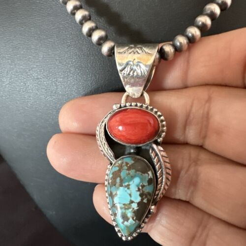Navajo Blue Turquoise Red Spiny Oyster Pendant Necklace | Sterling Silver | Multi-Stone | 16290 - Masha USA