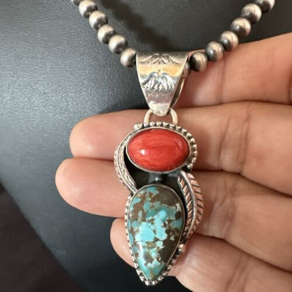 Navajo Blue Turquoise Red Spiny Oyster Pendant Necklace | Sterling Silver | Multi-Stone | 16290 - Masha USA