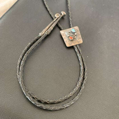 Navajo Turquoise Coral Bolo Tie | Sterling Silver | Authentic Native American Handmade | 02003 Bolo