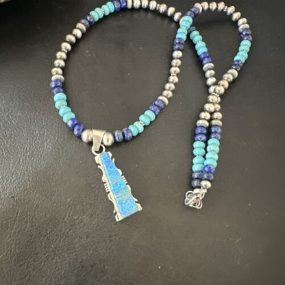 Navajo Opal Inlay Pendant Turquoise & Lapis | Sterling Silver Necklace | Native American Handmade | 16847