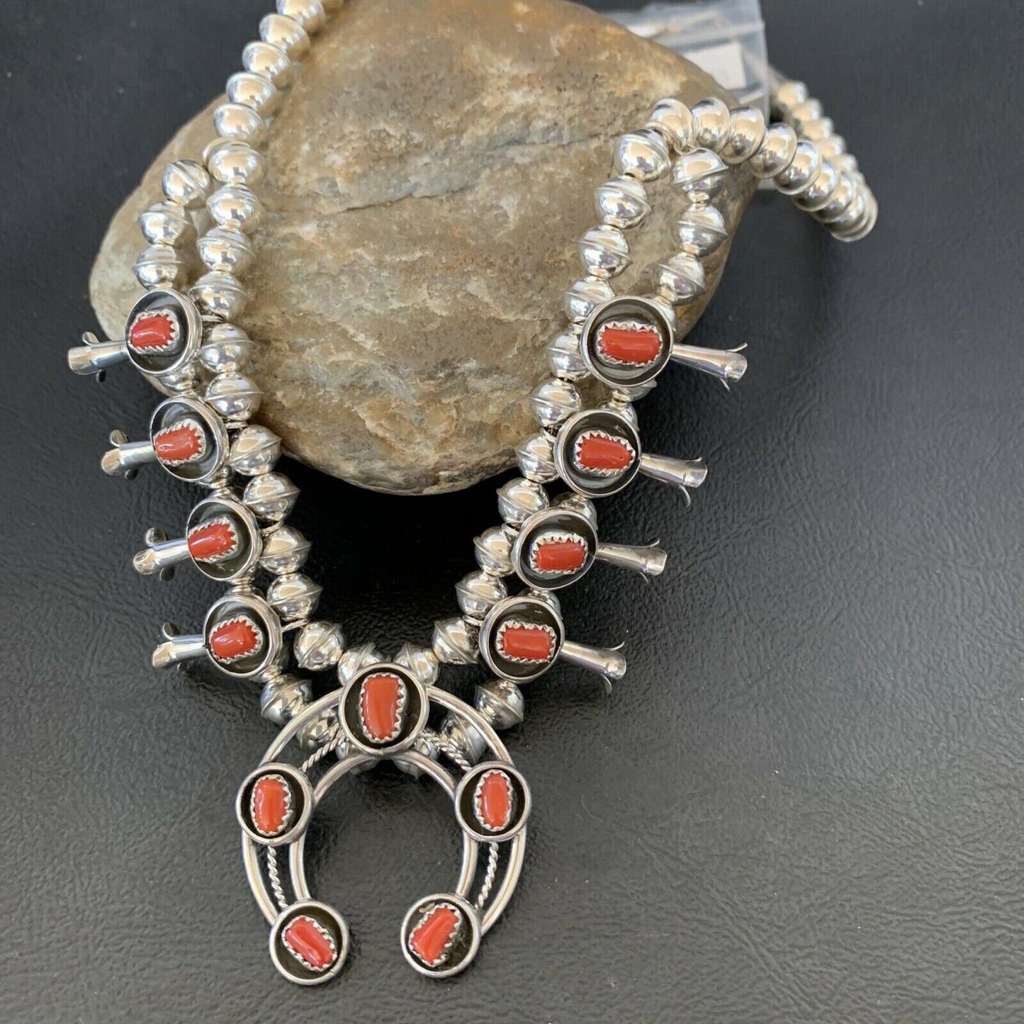 Navajo Coral Squash Blossom Necklace & Earrings | Sterling Silver Shadow Box | Authentic Native American Handmade | 10888