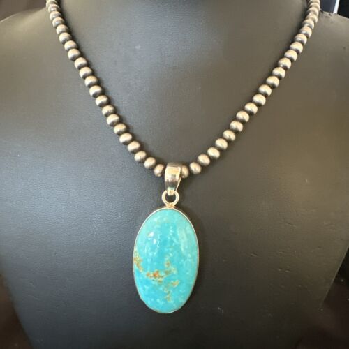 Blue Kingman Turquoise Pendant | Navajo Pearls | Sterling Silver Necklace 20" | 16991