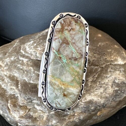 Navajo Ribbon Boulder Green Turquoise Ring | Sterling Silver | Sz 8 | Authentic Native American Handmade | 16383