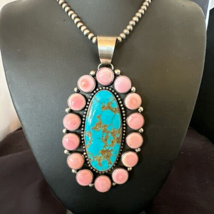 XXL Pink Conch Naja Pendant | Blue Turquoise | Navajo Sterling Silver Necklace 21" | Multi-Stone | 17426