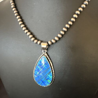 Men's and Women's Blue Fire Opal Inlay Pendant | Navajo Sterling Silver | Authentic Native American Handmade | 16481
