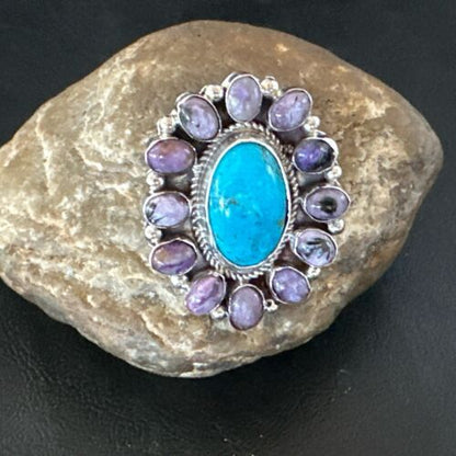 Navajo Kingman Turquoise Charoite Ring | Authentic Native American Sterling Silver | Multi-Stone | Sz 10.5 | 17180