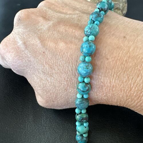 Navajo Blue Turquoise Bead Bracelet | Sterling Silver Link | 8" | Authentic Native American Handmade | 17230