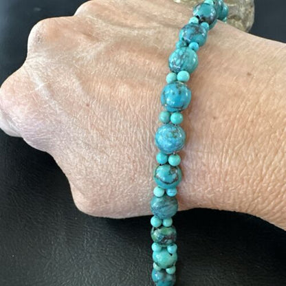 Navajo Blue Turquoise Bead Bracelet | Sterling Silver Link | 8" | Authentic Native American Handmade | 17230
