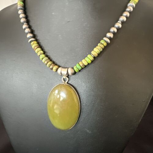Navajo Green Turquoise Pendant Necklace | Sterling Silver | Authentic Native American Handmade | 16918
