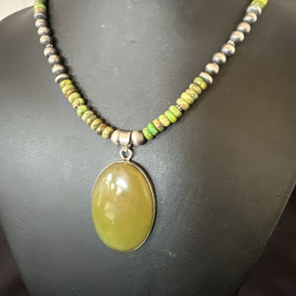 Navajo Green Turquoise Pendant Necklace | Sterling Silver | Authentic Native American Handmade | 16918