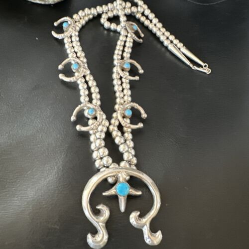 Navajo Blue Turquoise Naja Pendant Squash Blossom Necklace | Sterling Silver | Authentic Native American Handmade | 16172