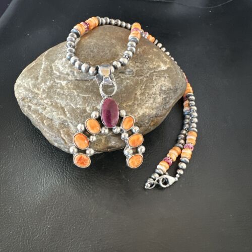 Navajo Pearls Orange Spiny Oyster Naja Pendant | Sterling Silver Necklace | Authentic Native American Handmade | 16802