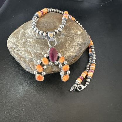 Navajo Pearls Orange Spiny Oyster Naja Pendant | Sterling Silver Necklace | Authentic Native American Handmade | 16802