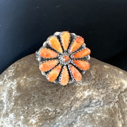 Navajo Orange Spiny Oyster Cluster Ring | Authentic Native American Sterling Silver | Multi-Stone | Sz 8 | 16331