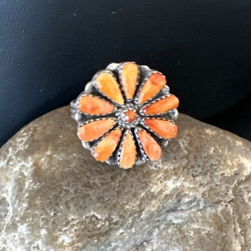 Navajo Orange Spiny Oyster Cluster Ring | Authentic Native American Sterling Silver | Multi-Stone | Sz 9 | 16332