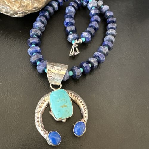 Navajo Blue Denim Lapis Turquoise Naja Pendant Necklace | Sterling Silver | Native American Handmade | 16320