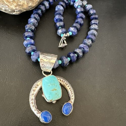 Navajo Blue Denim Lapis Turquoise Naja Pendant Necklace | Sterling Silver | Native American Handmade | 16320