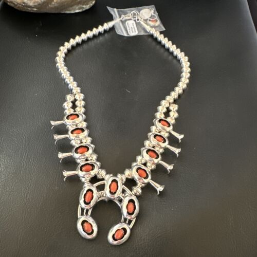 Navajo Red Coral Shadowbox Squash Blossom Necklace | Sterling Silver | 17" | Authentic Native American Handmade | 16114