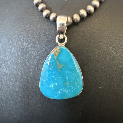 Navajo Blue Kingman Turquoise Pendant Necklace | Sterling Silver | 20" | Authentic Native American Handmade | 16671