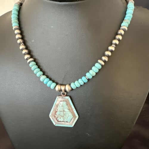 Navajo Turquoise Inlay Pendant Necklace | Sterling Silver | Authentic Native American Handmade | 17078